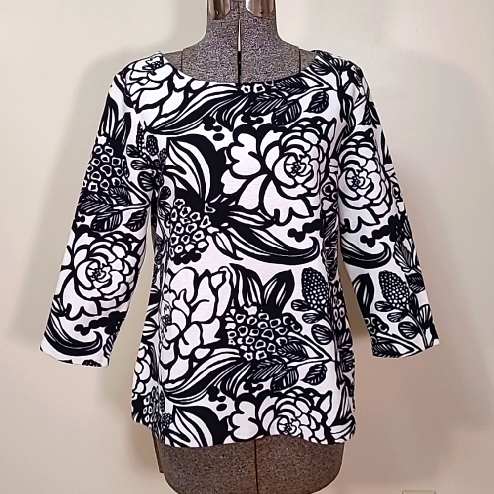 Talbots Long Sleeve Floral Print Ribbed Cotton Blend Top L Petite